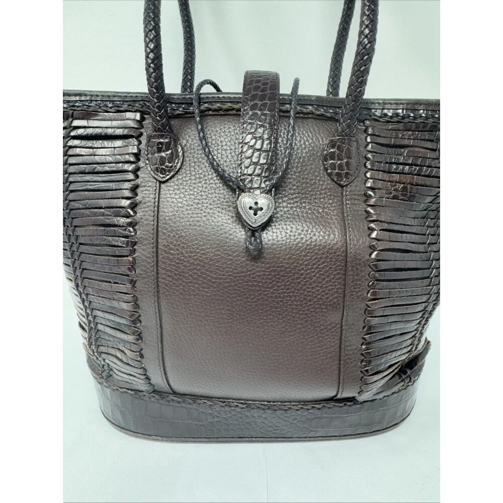 Brighton Brown Pebbled Leather Shoulder Bag w/2 Braided Handles Heart Closure
